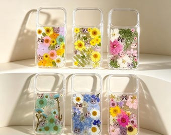 Capa para celular com estampa de gato e flores prensadas de verdade para iPhone 18, 17, Air, 16, E, 15, 14 Plus, 13, 12, Pro Max e Samsung Galaxy S22, S23, S24, S25, S26 Ultra.