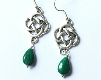 Celtic knot earrings with a malachite drop in silver, lovely gift idea