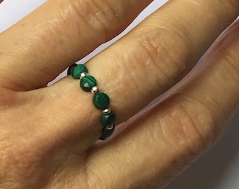 Malachite beaded ring with gold, silver or rose gold accent beads, layering ring, boho jewelry