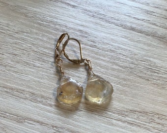 Rough raw drop, Birthstone earrings in citrine or aquamarine, gold or silver earrings