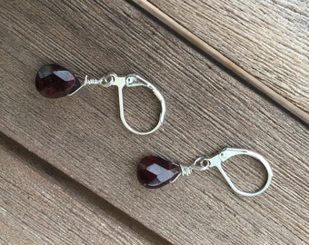 Tiny garnet tear drop earrings, garnet earrings, garnet earrings in silver, gold or rose gold