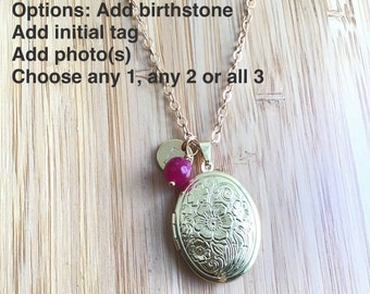 oval Gold locket, with choose your chain, add a birthstone, add an initial, photo locket, gift for her, add your photo,