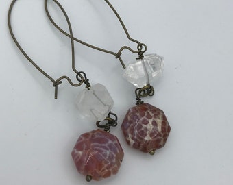 Large over sized clear crystal and fire agate earrings in bronze, gold or silver, boho jewelry,