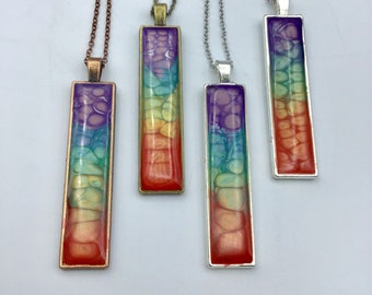 Tie dye style enameled long pendant necklace in rainbow colors perfect one of a kind keepsake perfect for gift for him or her