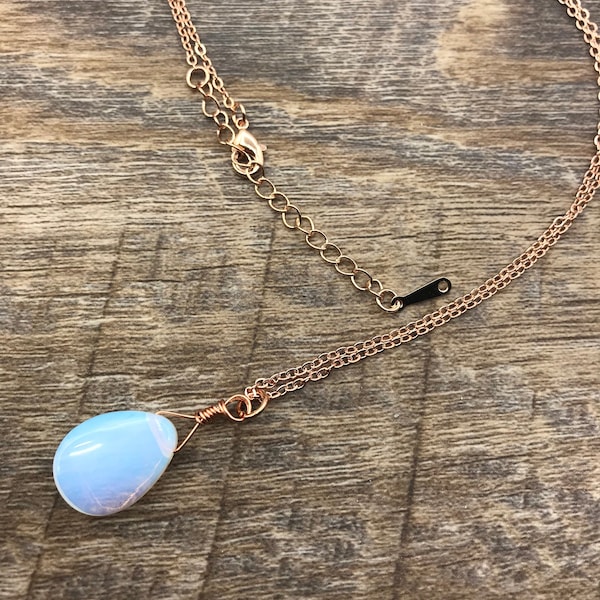 Opalite Necklace in Rose Gold, Sea Opalite Glass Pendant Necklace