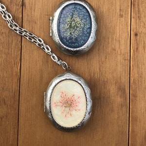 Dried flower, Long Locket Necklace, keepsake large oval locket, Queen Anne’s lace, vintage look locket necklace, long locket,