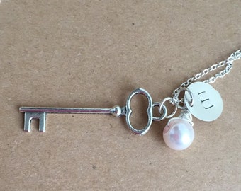 Silver, Skeleton, Steampunk, Key, Necklace, with Initial, key, pearl and initial Necklace, personalized, Mothers Day