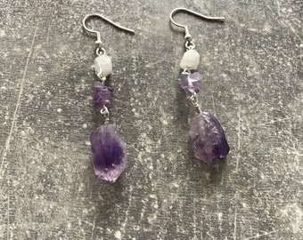 Raw Amethyst and moonstone earrings, amethyst earrings, boho jewelry, hippie earrings, moonstone, gift,