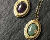 Bronze locket with rose quartz, labradorite, lapis lazuli, amazonite, pyrite, tiger eye, moss agate, amethyst or jasper, long locket,