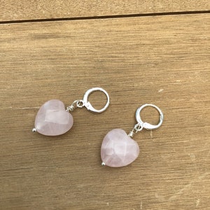 Rose quartz heart earrings, hugger hoop earrings, pink heart, image 1