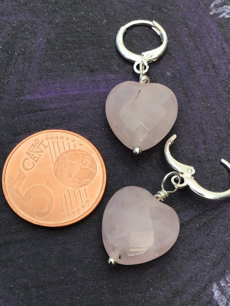 Rose quartz heart earrings, hugger hoop earrings, pink heart, image 6