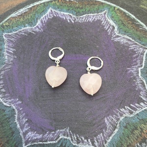 Rose quartz heart earrings, hugger hoop earrings, pink heart, image 4