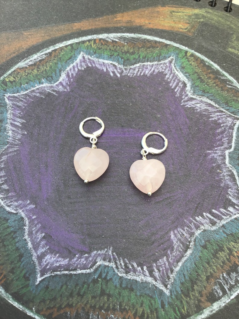 Rose quartz heart earrings, hugger hoop earrings, pink heart, image 4