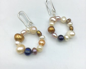 Chunky, freshwater pearl, hoop earrings, in gold, silver or rose gold, great, boho, chic, unique pearl jewelry