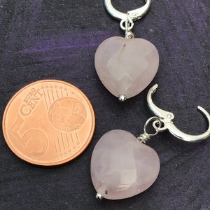 Rose quartz heart earrings, hugger hoop earrings, pink heart, image 7
