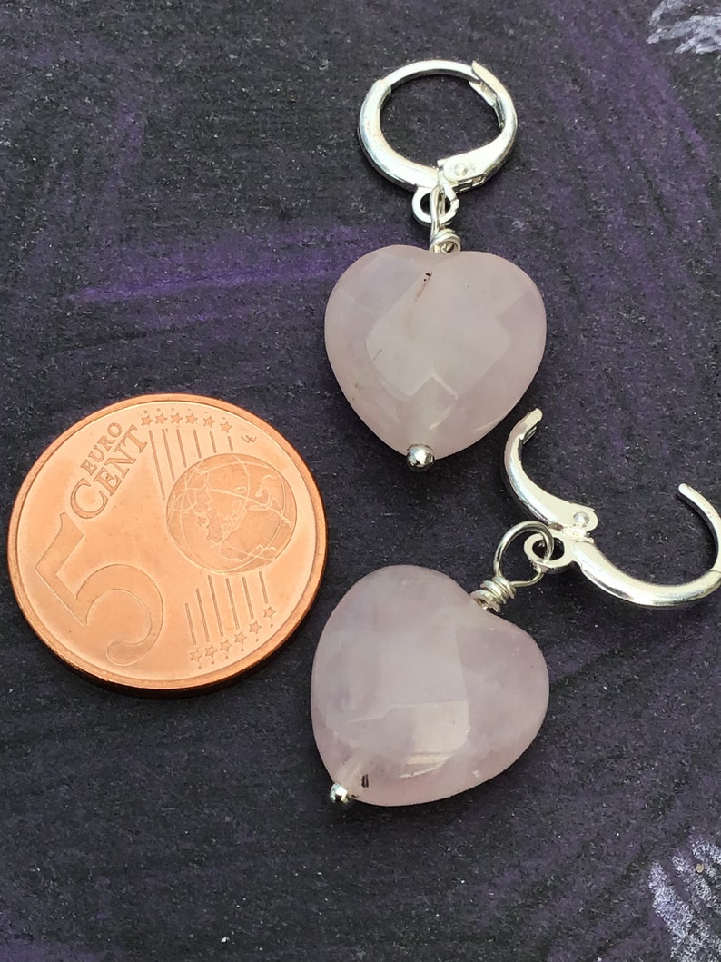Rose quartz heart earrings, hugger hoop earrings, pink heart, image 7