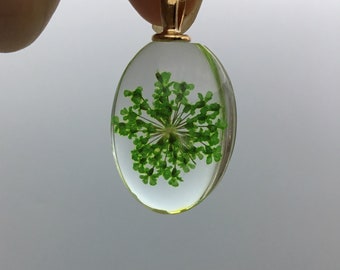 Green pressed flower necklace in Rose gold or silver