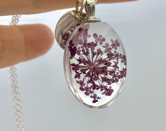 Bridesmaid gift, Dried blossom initial necklace, boho jewelry, terrarium jewelry, personalized, Silver initial, purple flower