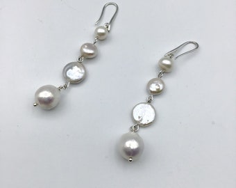 Long dangly boho pearl earrings in rose gold, gold or silver