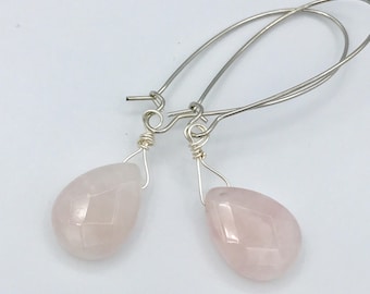 Rose quartz silver earrings, gold earrings, pink stone, pink earrings, blush pink, boho earrings, gift for her, handmade, jewelry, earrings,