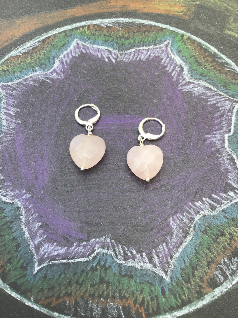 Rose quartz heart earrings, hugger hoop earrings, pink heart, image 3