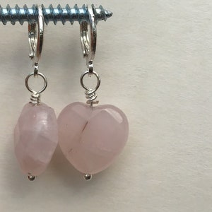 Rose quartz heart earrings, hugger hoop earrings, pink heart, image 5