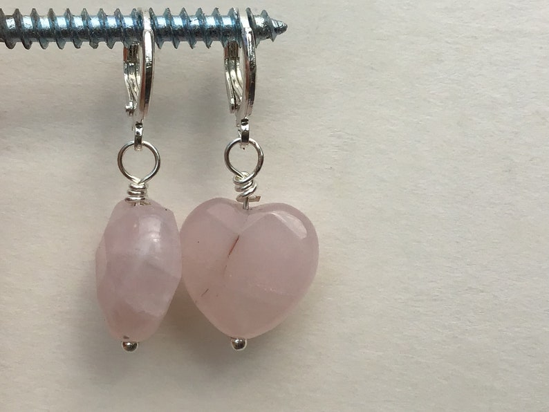 Rose quartz heart earrings, hugger hoop earrings, pink heart, image 5