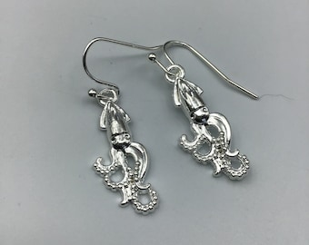 Pendientes de calamar, pendientes de calamar de plata, joyas de calamar