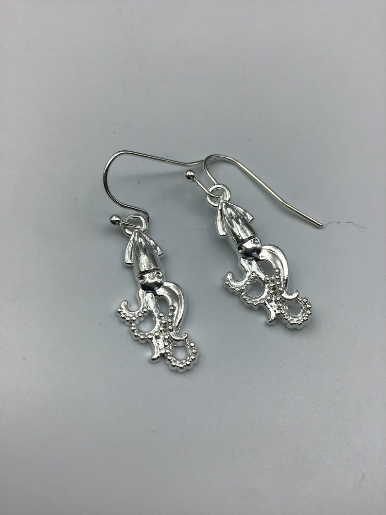 Squid Earrings, silver squid earrings, squid jewelry image 1