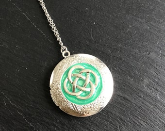 Celtic Knot Locket, silver locket, gift for her, green locket, Irish jewelry,