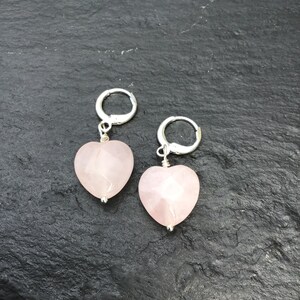 Rose quartz heart earrings, hugger hoop earrings, pink heart, image 2