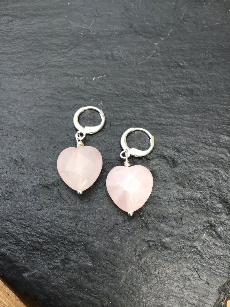 Rose quartz heart earrings, hugger hoop earrings, pink heart, image 2