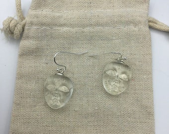 Resin face dangle earrings in silver or rose gold, boho, modern earrings, clear face earrings, face jewelry,