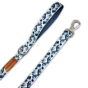 Great Wave Leash | Adjustable Dog Lead | Neoprene Padded Handle | Japanese Wave Pattern | Silver Metal Hardware