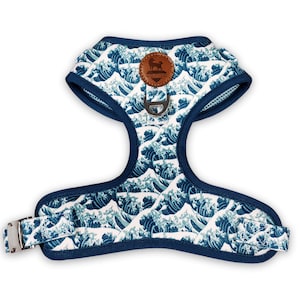Great Wave Harness | No-Pull Neoprene Padded Dog Harness | Japanese Wave Pattern | Silver Metal Buckle & Hardware