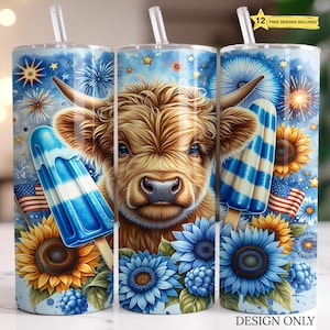 Patriotic Highland Cow Tumbler Wrap: 4th of July Sublimation Design (PNG Digital Download)