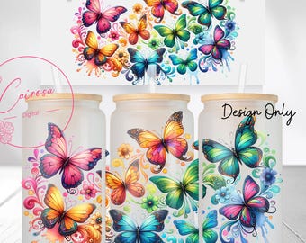 May include: Three frosted glass tumblers with bamboo lids and butterfly designs. The butterflies are in shades of pink, orange, blue, and green, with floral accents. A matching butterfly design is on a white card in the background. The text "Design Only" is visible.