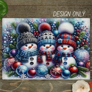 May include: A rectangular winter-themed design featuring three snowmen wearing hats and scarves. The snowmen have carrot noses and button eyes. The design includes colorful ornaments and the text "DESIGN ONLY".