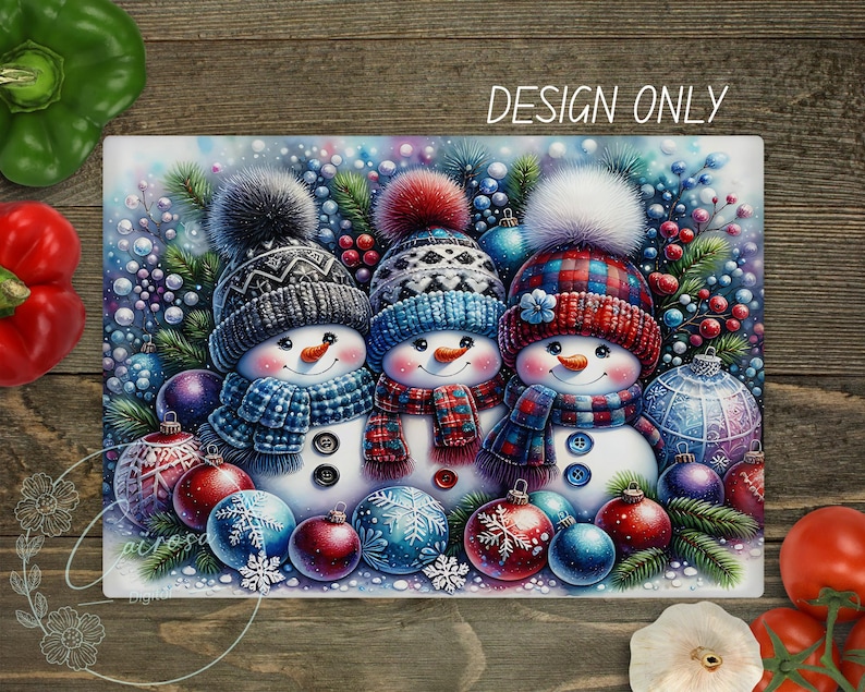 May include: A rectangular winter-themed design featuring three snowmen wearing hats and scarves. The snowmen have carrot noses and button eyes. The design includes colorful ornaments and the text "DESIGN ONLY".