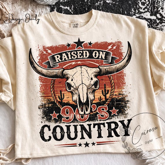 Raised on 90s Country Music PNG Retro Vintage Country Girl Design Distressed Bull Skull Sublimation Western Trendy PNG