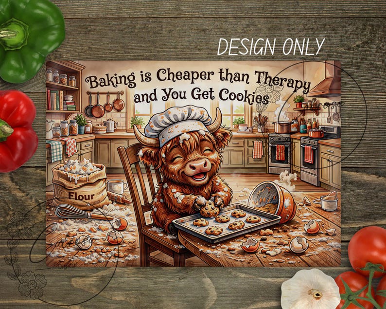 Funny Highland Cow Cutting Board PNG, Farmhouse Kitchen Decor, Rustic Cow Sublimation Glass Cutting Board DIGITAL Design Instant Download image 1