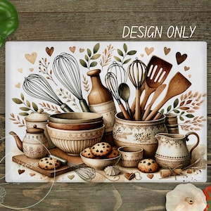 May include: A rectangular kitchen-themed design featuring watercolor illustrations of kitchen utensils, bowls, and cookies. The design includes whisks, wooden spoons, and a teapot. The text "DESIGN ONLY" is at the top. The color palette includes browns, creams, and greens.