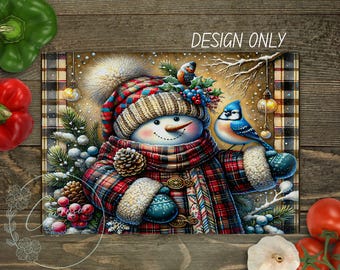 Snowman Christmas Cutting Board Sublimation Design, Plaid PNG (Digital Download)
