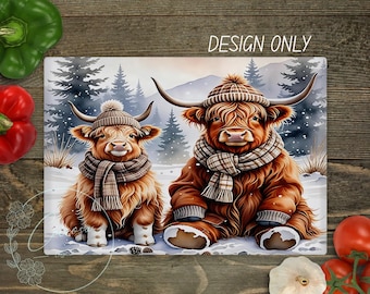 Christmas Highland Cow Cutting Board PNG Sublimation Design