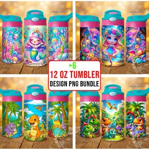 May include: A collection of 12 oz tumblers with various designs. The tumblers feature illustrations of a mermaid, a fairy, and dinosaurs. The tumblers have a pink and teal color scheme and include the text "DESIGN ONLY" and "12 OZ TUMBLER DESIGN PNG BUNDLE".