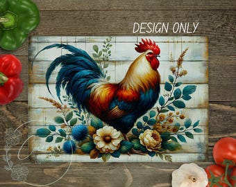 Tabla de cortar rústica con diseño floral de gallo PNG: diseño de sublimación de pollo de granja, descarga digital para decoración de cocina
