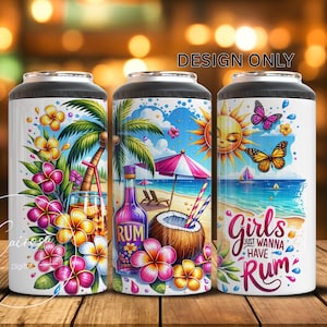 May include: Three white can coolers with tropical designs. One features flowers, another a beach scene with a rum bottle, and the third says "Girls Just Wanna Have Rum." The designs include palm trees, butterflies, and a sun.