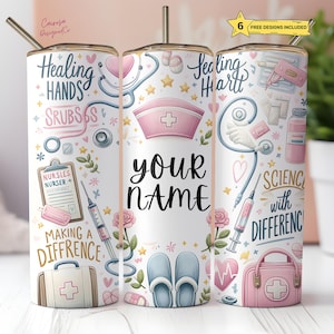 May include: A white tumbler with a design featuring medical-themed illustrations in pink, blue, and beige. The tumbler includes text such as "Healing Hands," "Making a Difference," and "Science with Difference." It also has a straw and a gold-coloured lid.