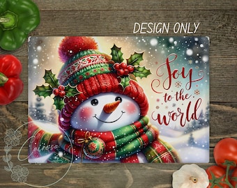May include: A festive illustration of a snowman wearing a red and green hat, scarf, and mittens. The snowman has a carrot nose and is decorated with holly and berries. The words "Joy to the World" are written in red script.