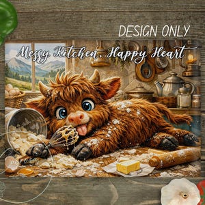 Puede incluir: Ilustración caprichosa de una vaca de las Tierras Altas en un entorno de cocina. La vaca está rodeada de harina, un batidor y ingredientes para hornear. El texto dice "Messy Kitchen, Happy Heart". La imagen tiene una paleta de colores rústica y cálida.